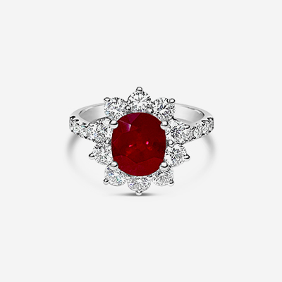 Platinum Ruby and Diamond halo ring