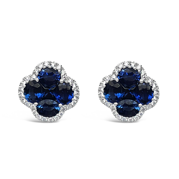 14kt white gold Sapphire and Diamond halo stud earrings | E.B.