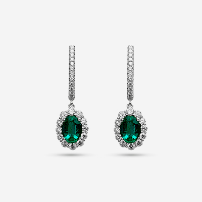18kt Emerald and diamond halo drop earrings