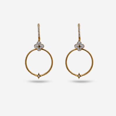 14KT Diamond Clover and Open Circle Drop Earrings