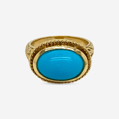 18KT Oval Turquoise Engraved Band Ring