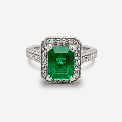 Platinum Emerald-Cut Emerald and Diamond Ring