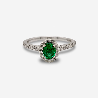 14KT White Gold Oval Emerald and Diamond Halo Ring