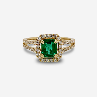 14KT Yellow Gold Emerald-Cut Emerald and Diamond Halo Ring