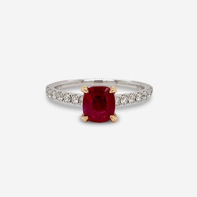 18kt White Gold Cushion Cut Ruby and Diamond Ring