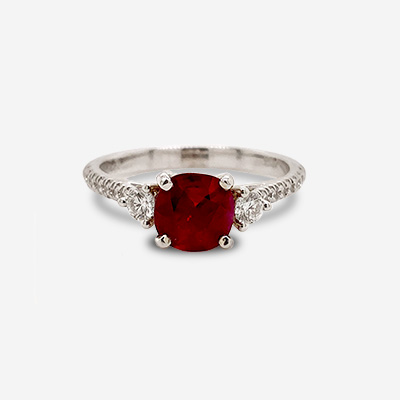 14kt White Gold Cushion Cut Ruby and Diamond Ring