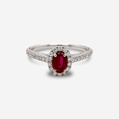 14KT White Gold Oval Ruby and Diamond Halo Ring