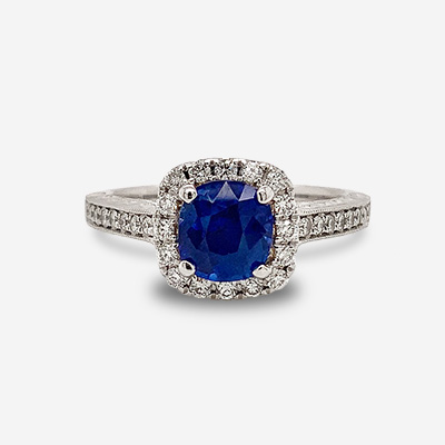 14KT White Gold Cushion Cut Sapphire and Diamond Halo Ring