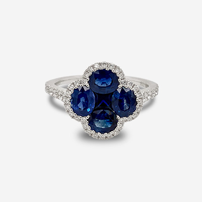 18KT White Gold Clover Sapphire and Diamond Ring