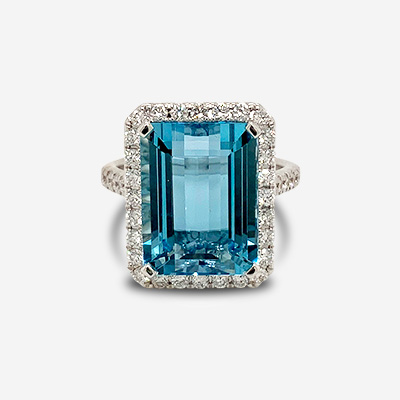 14KT White Gold Emerald Cut Aquamarine And Diamond Ring