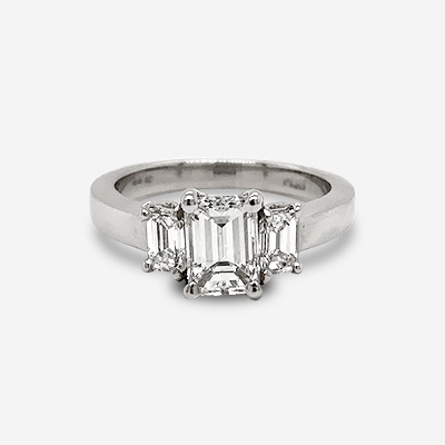 Platinum Emerald Cut Three Stone Diamond Ring