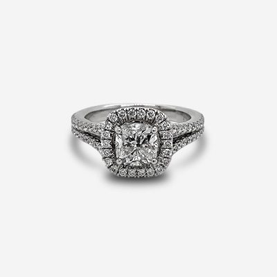 14KT White Gold Cushion Cut Center Diamond Square Halo and diamond band
