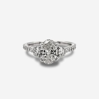 14KT White Gold Oval Diamond Engagement Ring with Diamond Side Stones