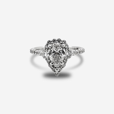 14KT White Gold Pear-shaped center diamond with halo