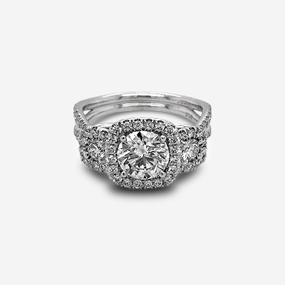14kt White Gold Round Center Diamond Square Halo Ring with Side Stones