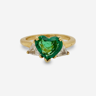 18KT Yellow Gold Heart-Shaped Emerald and Diamond Trillion Ring
