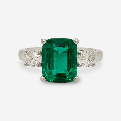 Platinum Emerald-Cut Emerald and Diamond Ring