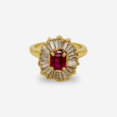 18KT Yellow Gold Emerald-Cut Center Ruby and Tapered-Baguette Diamond Ring