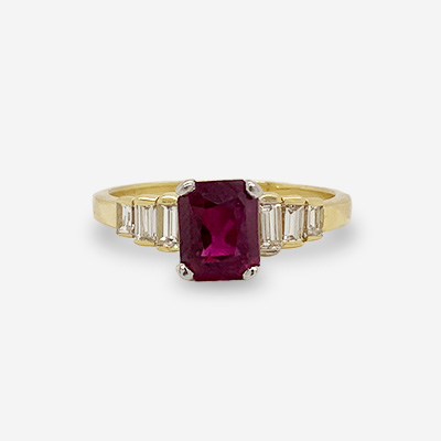 18KT Yellow Gold Emerald-Cut Ruby and Diamond Ring