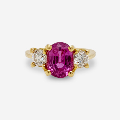 18KT Yellow Gold Oval Sapphire And Diamond Three-Stone Ring