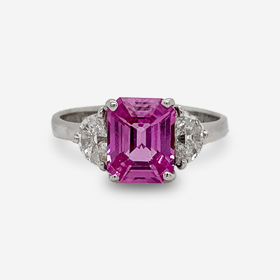 Platinum Emerald-Cut Pink Sapphire and Diamond Three-Stone Ring