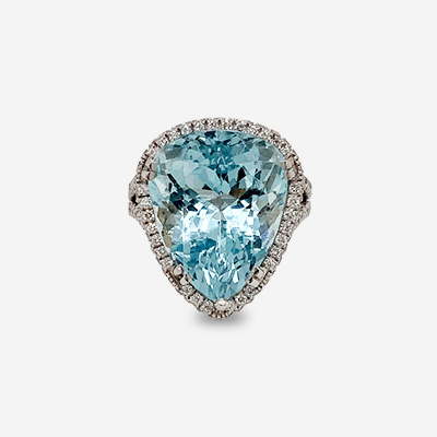 14KT White Gold Pear-Shaped Aquamarine and Diamond Ring