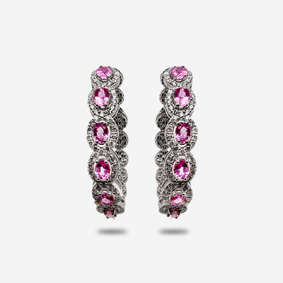 18KT White Gold Pink Sapphire and Diamond Hoop Earrings