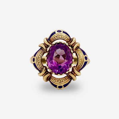 14KT Yellow Gold Oval Amethyst and Enamel Ring