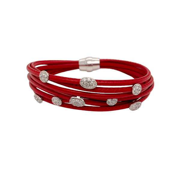 Red 7 Strand Leather Bracelet with White Sapphires