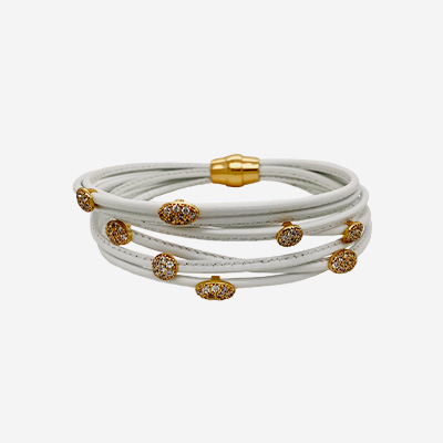 White 7 Strand Leather Bracelet with White Sapphires