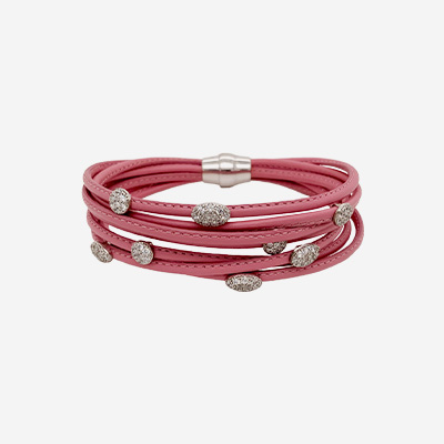 Light Pink 7 Strand Leather Bracelet with White Sapphires