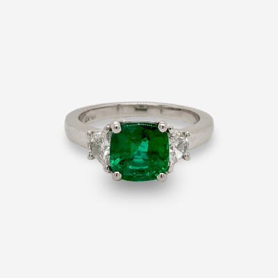 Platinum Cushion-Cut Emerald and Diamond Ring