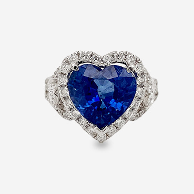 18KT White Gold Heart Shaped Sapphire and Diamond Ring