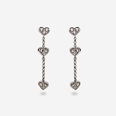 18KT White Gold Three Diamond Heart Drop Earrings