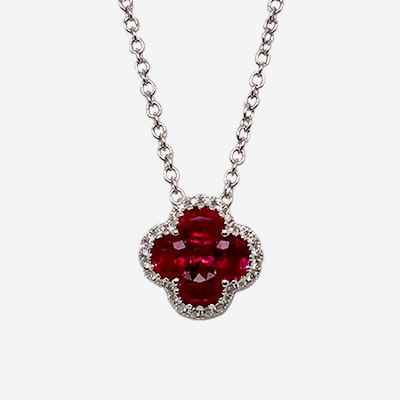 18KT White Gold Ruby and Diamond Clover Pendant