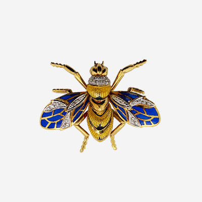 18KT Yellow Gold Blue Enamel Diamond Bee Brooch