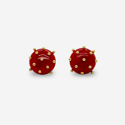 18KT Yellow Gold Red Coral Earrings