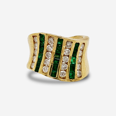 14KT Yellow Gold Channel Set Diamond and Emerald Ring