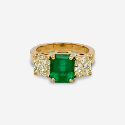14KT Yellow Gold Emerald-Cut Center Emerald and Diamond Ring