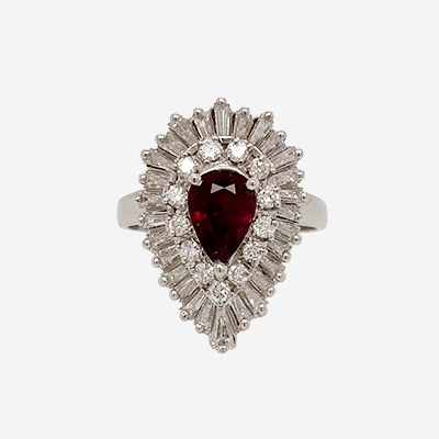 Platinum Pear-Shaped Ruby and Diamond Halo Ring