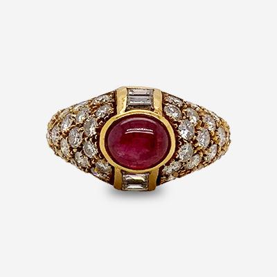 18KT Yellow Gold Oval Cab Ruby and Diamond Ring