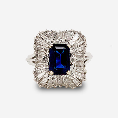 Platinum Emerald-Cut Sapphire and Diamond Halo Ring