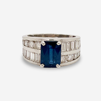 Platinum Emerald-Cut Sapphire and Diamond Ring