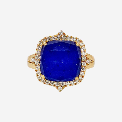 18KT Yellow Gold Clear Quartz over Lapis and Diamond Ring