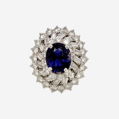 Platinum Oval Iolite and Baguette Diamond Halo Ring