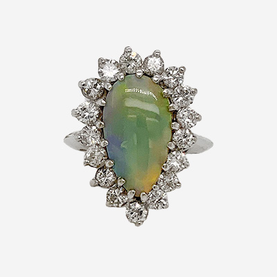 14KT White Gold Pear-Shaped Opal and Diamond Halo Ring