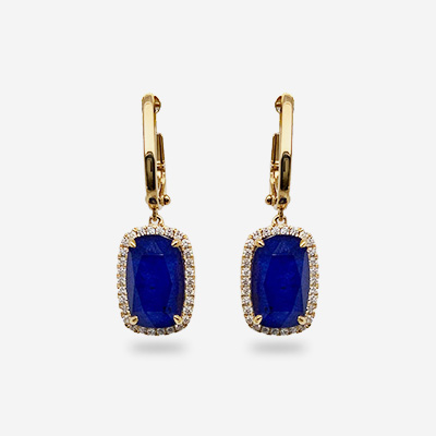 18KT Yellow Gold Clear Quartz Over Lapis and Diamond Halo Drop Earrings