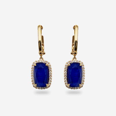 18KT Yellow Gold Clear Quartz Over Lapis and Diamond Halo Drop Earrings