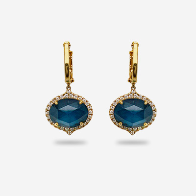 18KT Yellow Gold Blue Topaz Over Hematite and Diamond Halo Drop Earrings