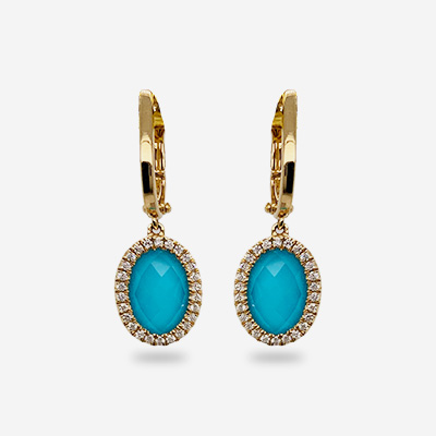 18KT Yellow Gold Clear Quartz over Turquoise and Diamond Halo Earrings